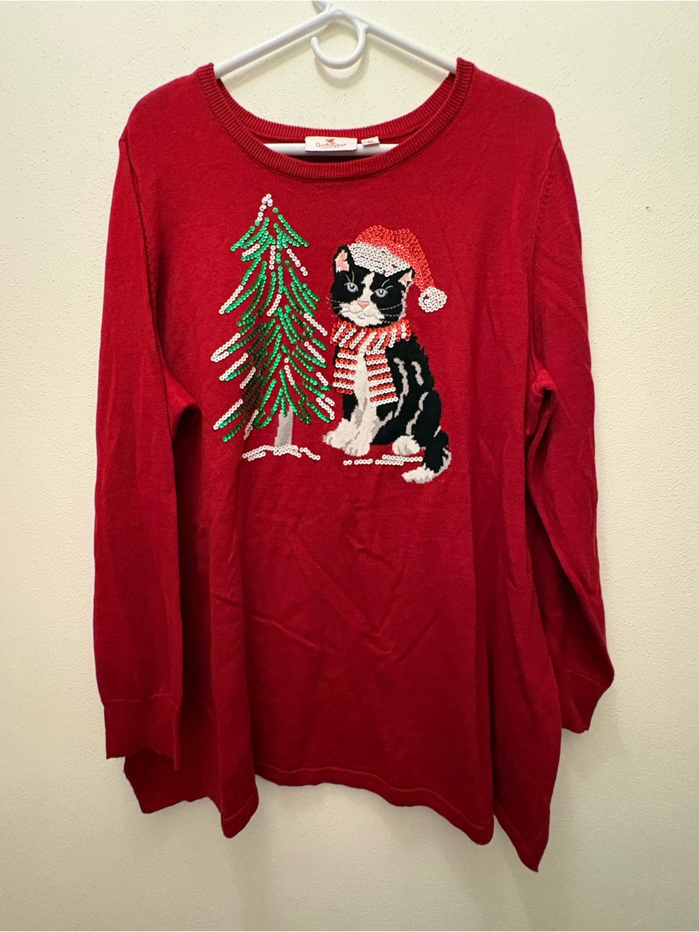 Festive Red Sequin Cat Crewneck Sweater